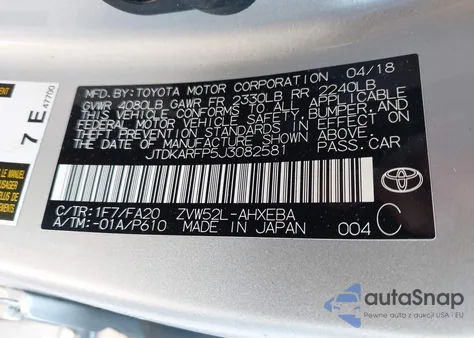 2018 Toyota Prius Prime Plus z USA, uszkodzony, nr VIN JTDKARFP5J3082581